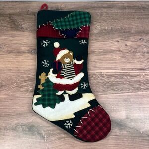 Vintage Prima Creations 2003 Christmas Stocking Green Teddy Bear Santa Patchwork